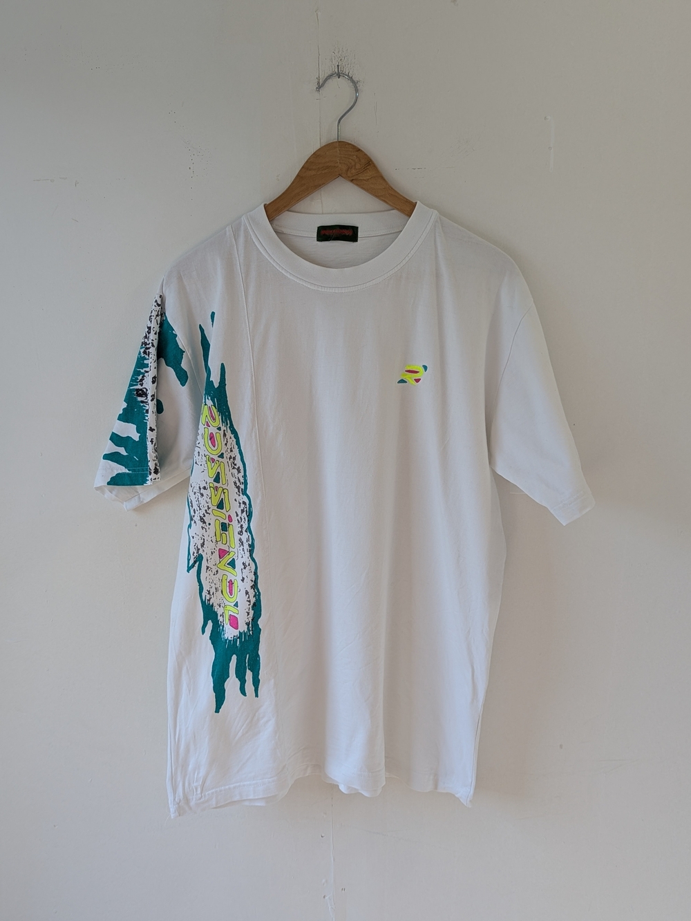 Vintage Rossignol Graphic Short Sleeve T-Shirt White Teal Neon Size Large